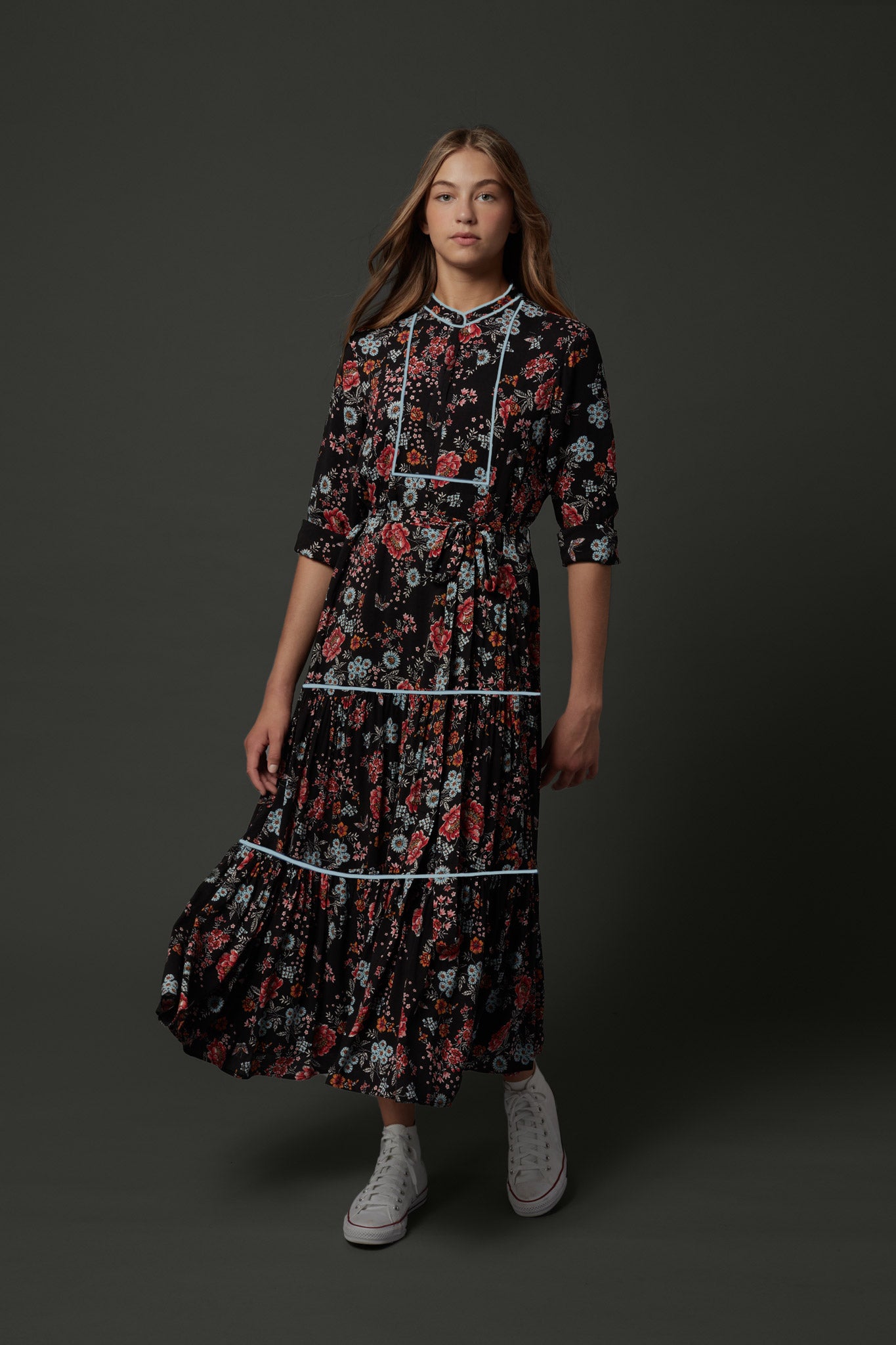 ZAIKAMOYA ROBIN FLORAL BLUE TRIM DRESS