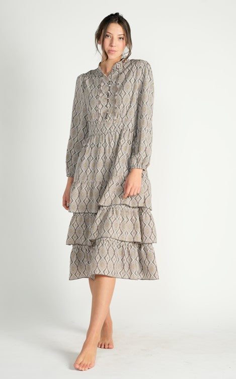 METALLIC MOSAIC FLORAL RUFFLE TIERED DRESS