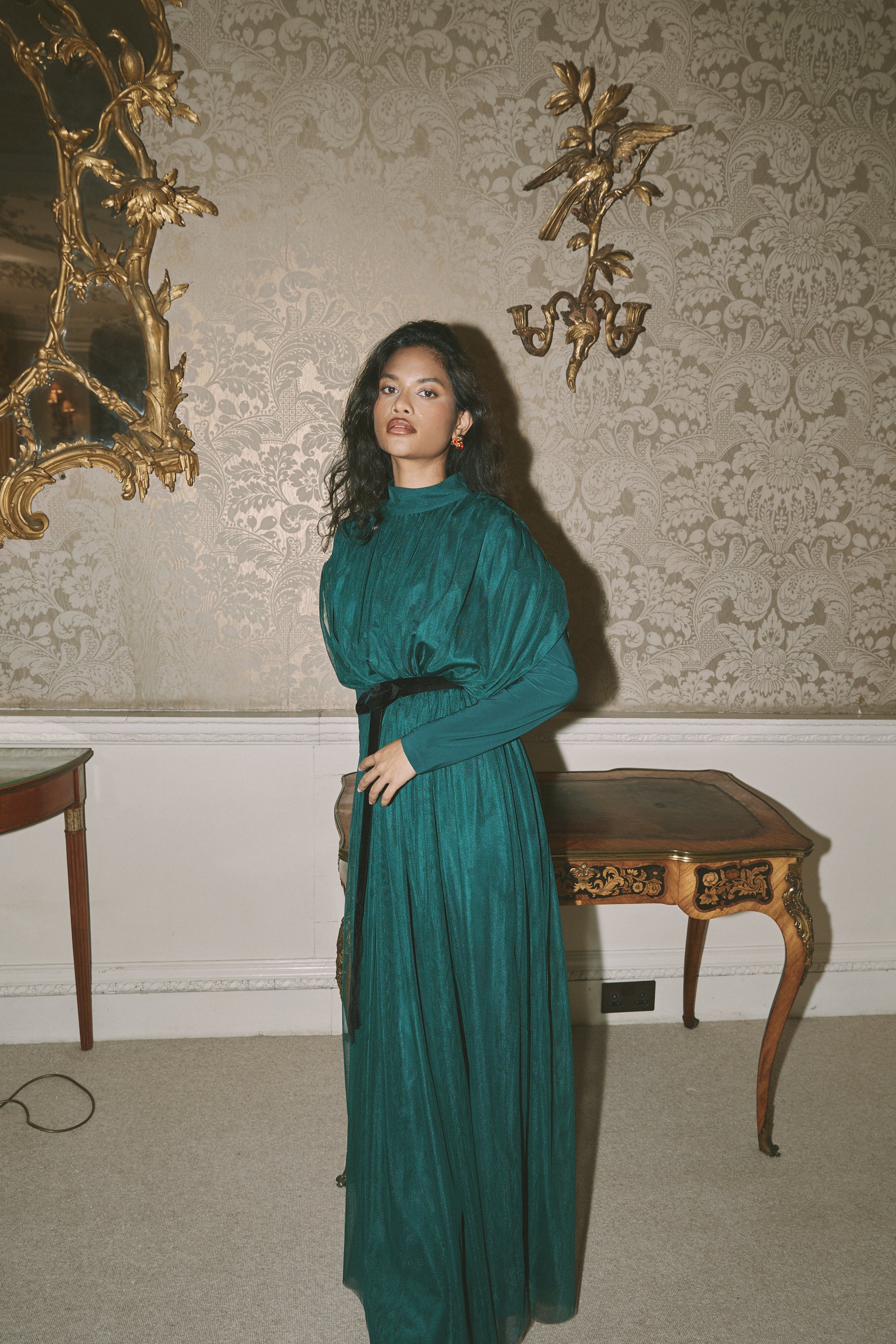NOIR TULL GATHERED DROPPED SHOULDER DRESS W DOUBLED BELT