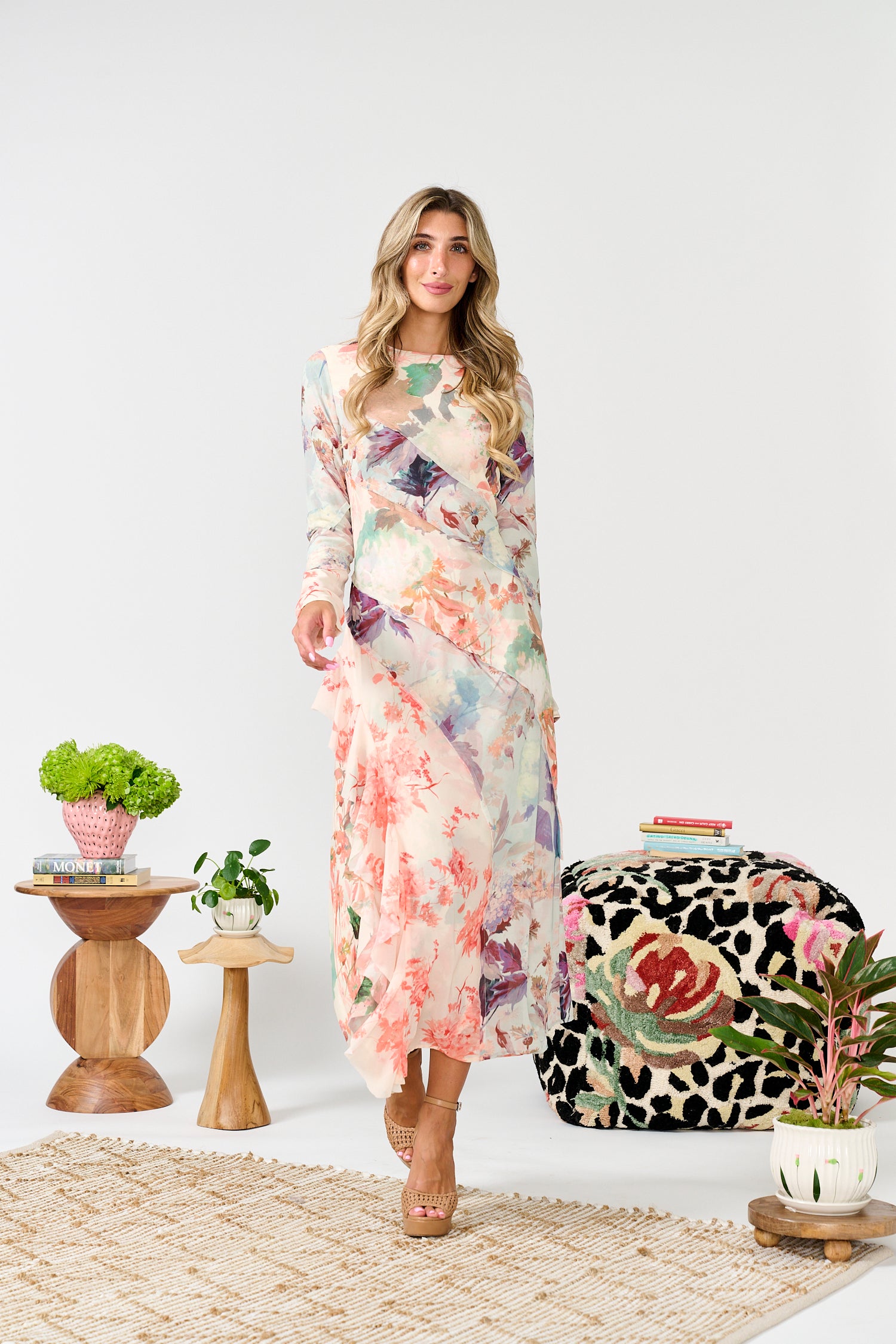 PAPER PARACHUTE PRINTED ASYMMETRICAL SEAM RUFFLE DRESS