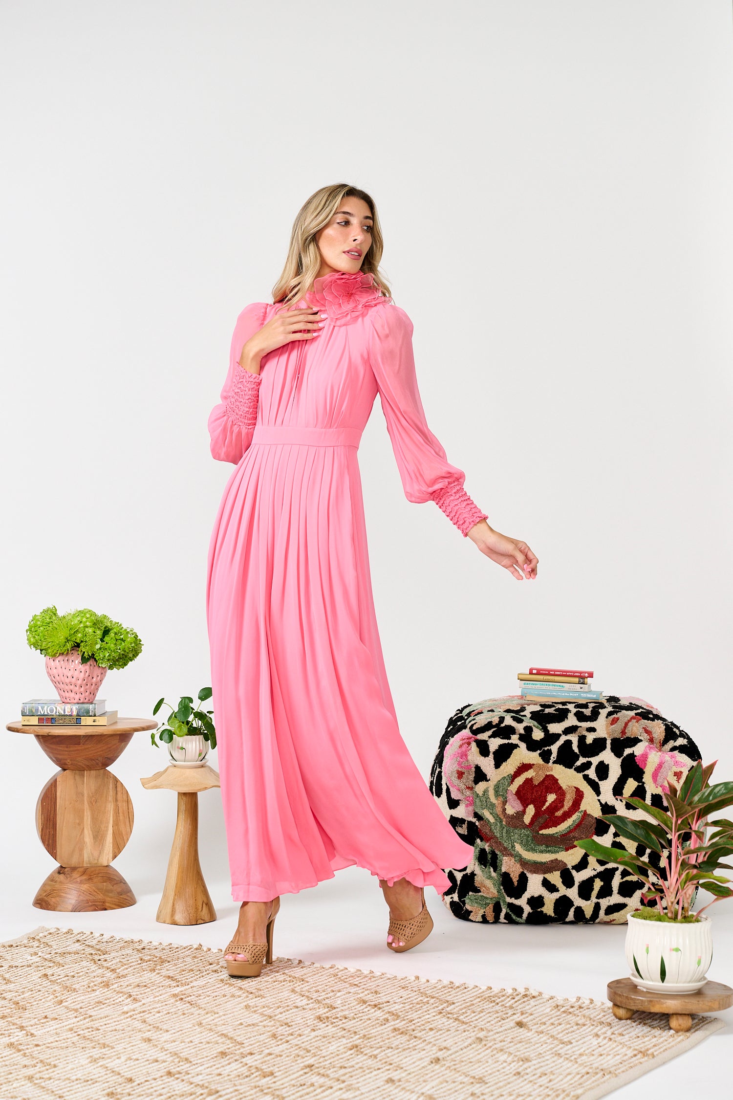 PAPER PARACHUTE SHEER PLEATED DRESS W FLOWER DETAIL