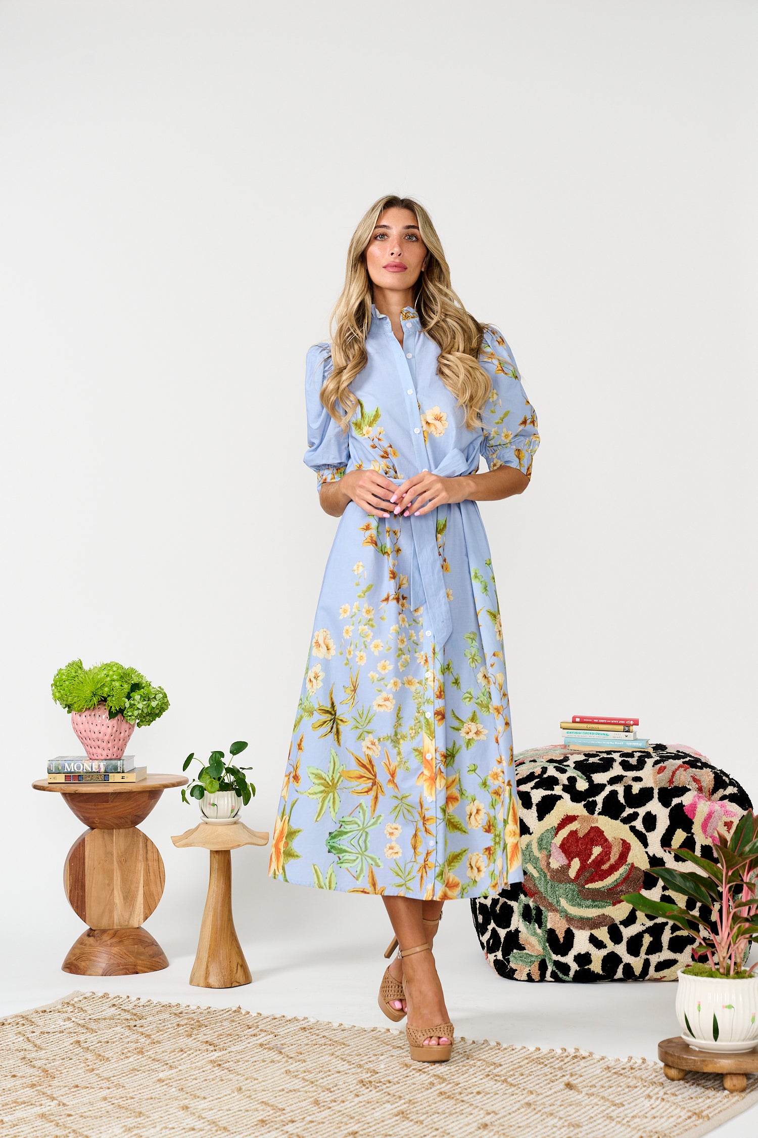 PAPER PARACHUTE BUBBLE SLEEVE FLORAL BUTTONDOWN DRESS