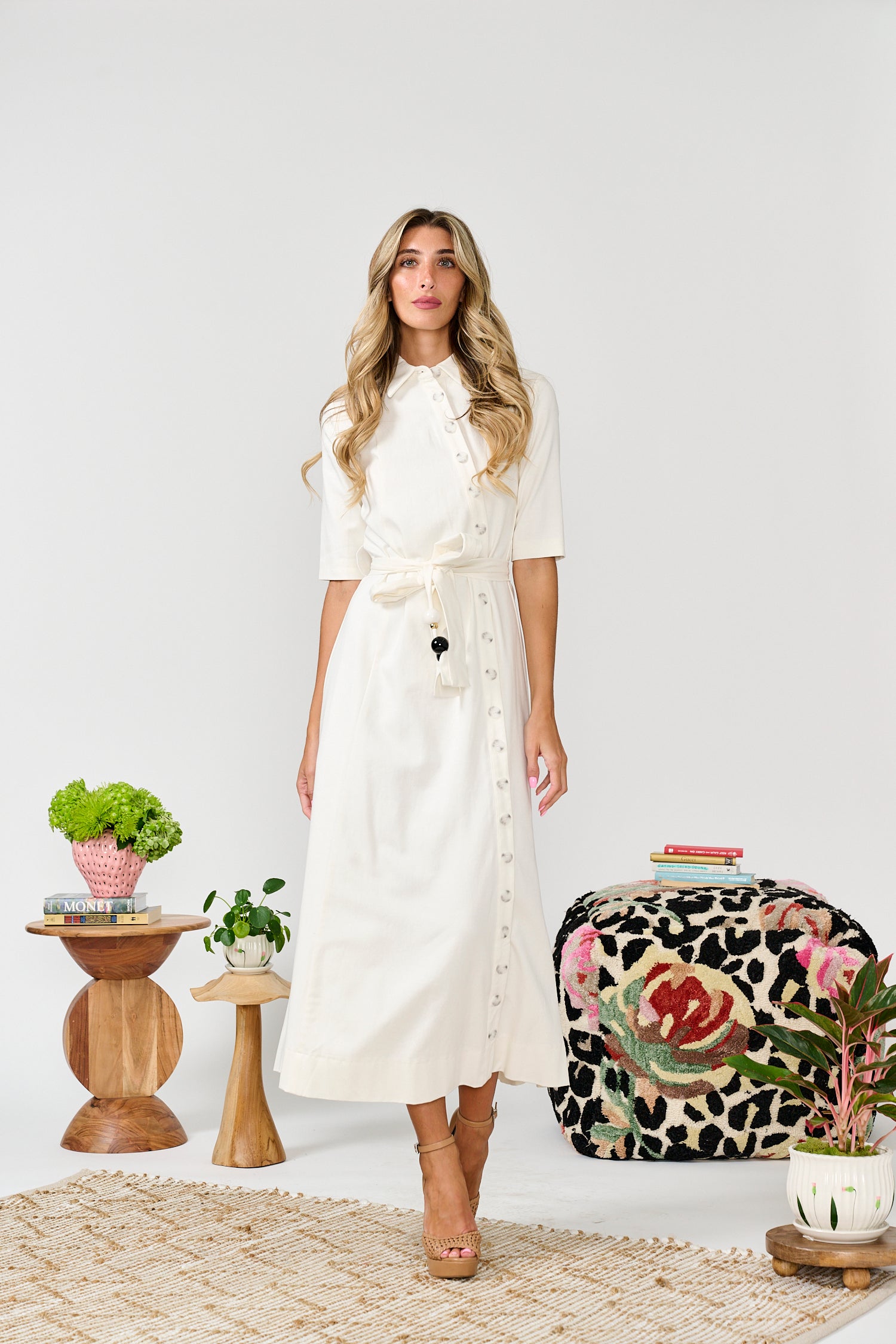 PAPER PARACHUTE BUTTONDOWN DRESS W BALL DETAILED BELT