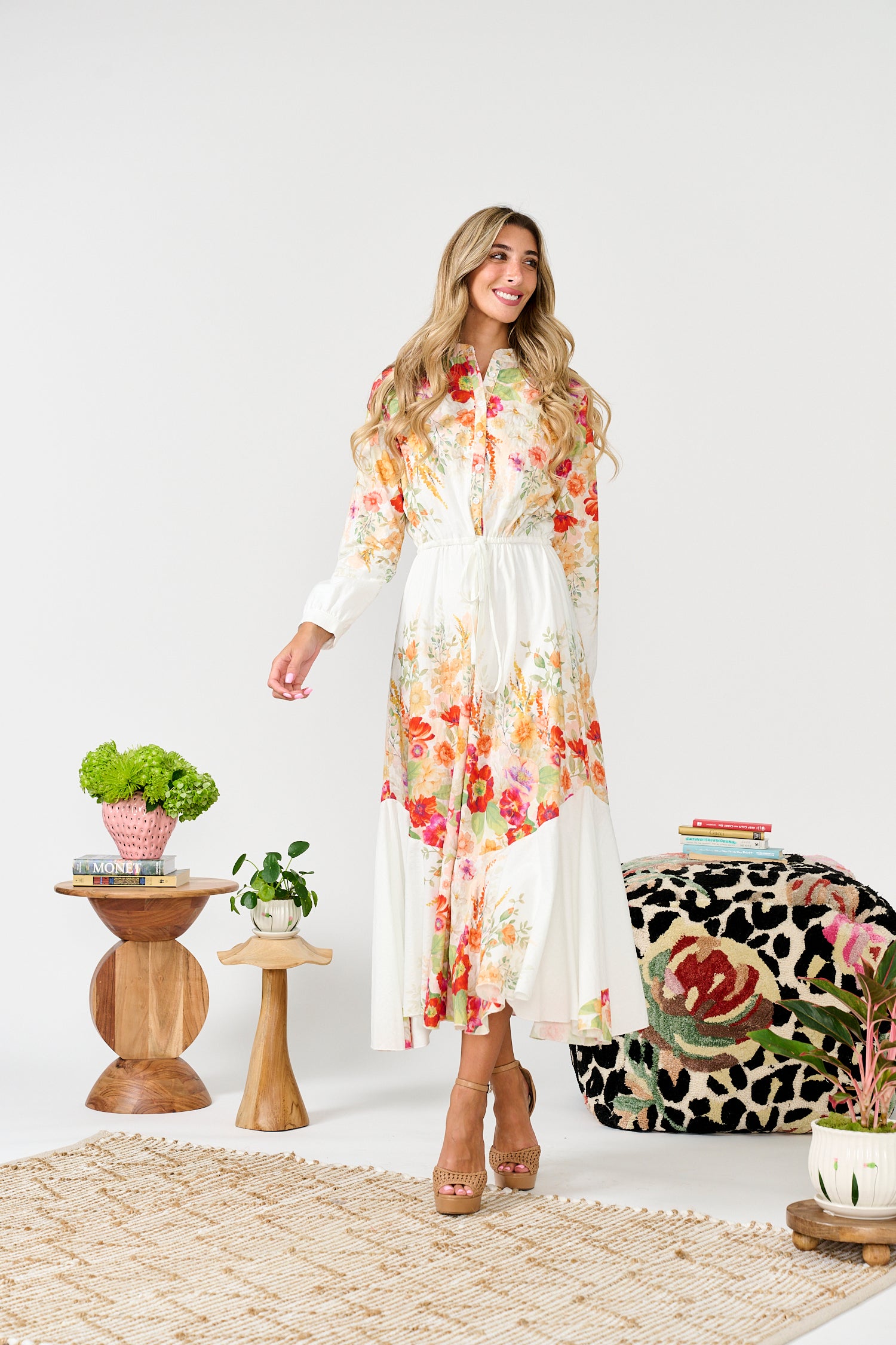 PAPER PARACHUTE FLORAL BORDER DRAWSTRING DRESS