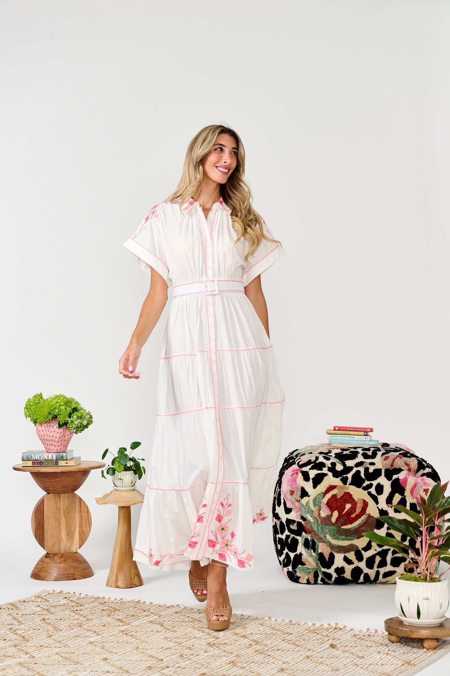 PAPER PARACHUTE TIERED EMBROIDERED BELTED DRESS