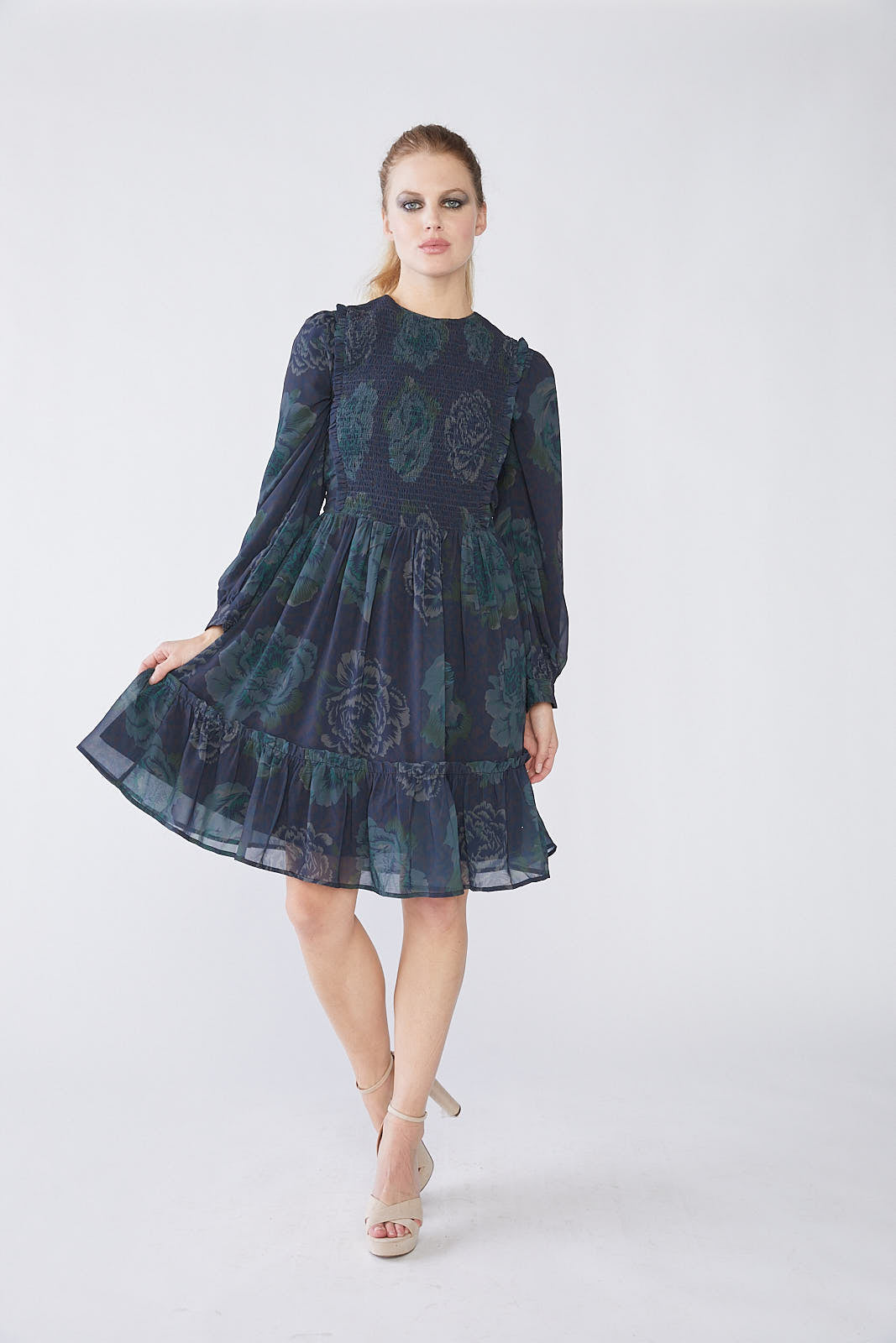 PASCAL SMOCKED SHEER FLORAL MIDI DRESS W RUFFLES