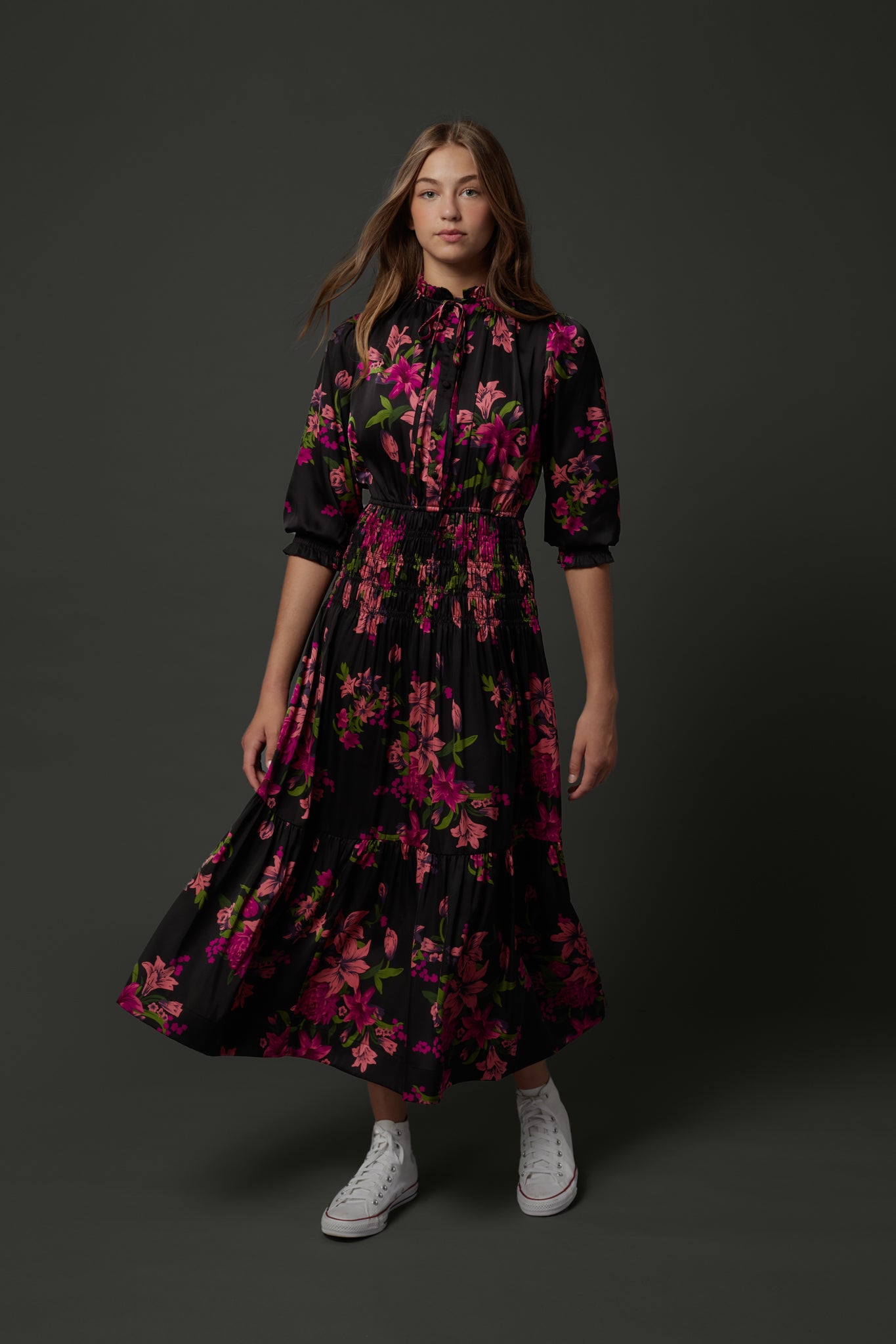 ZAIKAMOYA STELLA SILKY FLORAL SMOCKED DRESS