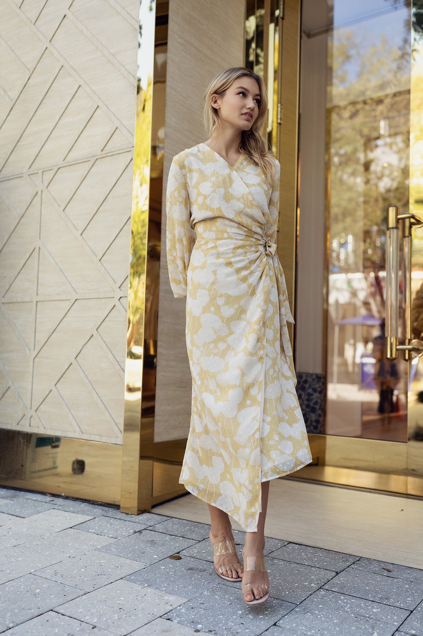 ELLIE MAKIR TEXTURED FLOWER PRINT WRAP DRESS