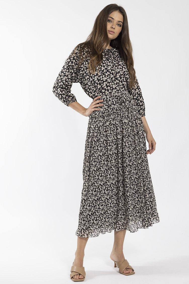 CONCEPT MINI PLEATED FLORAL MIDI SKIRT