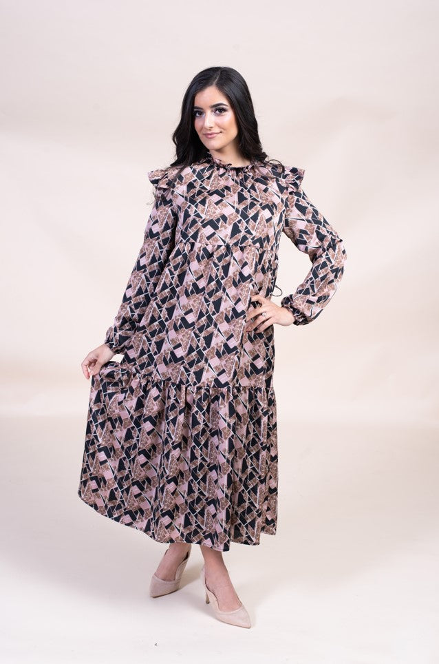 BELLE RUFFLE SHOULDER TIERED PRINTED DRESS