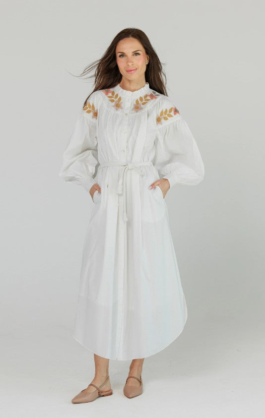 LOUP DELICATE FLORAL EMBROIDERED BELTED DRESS