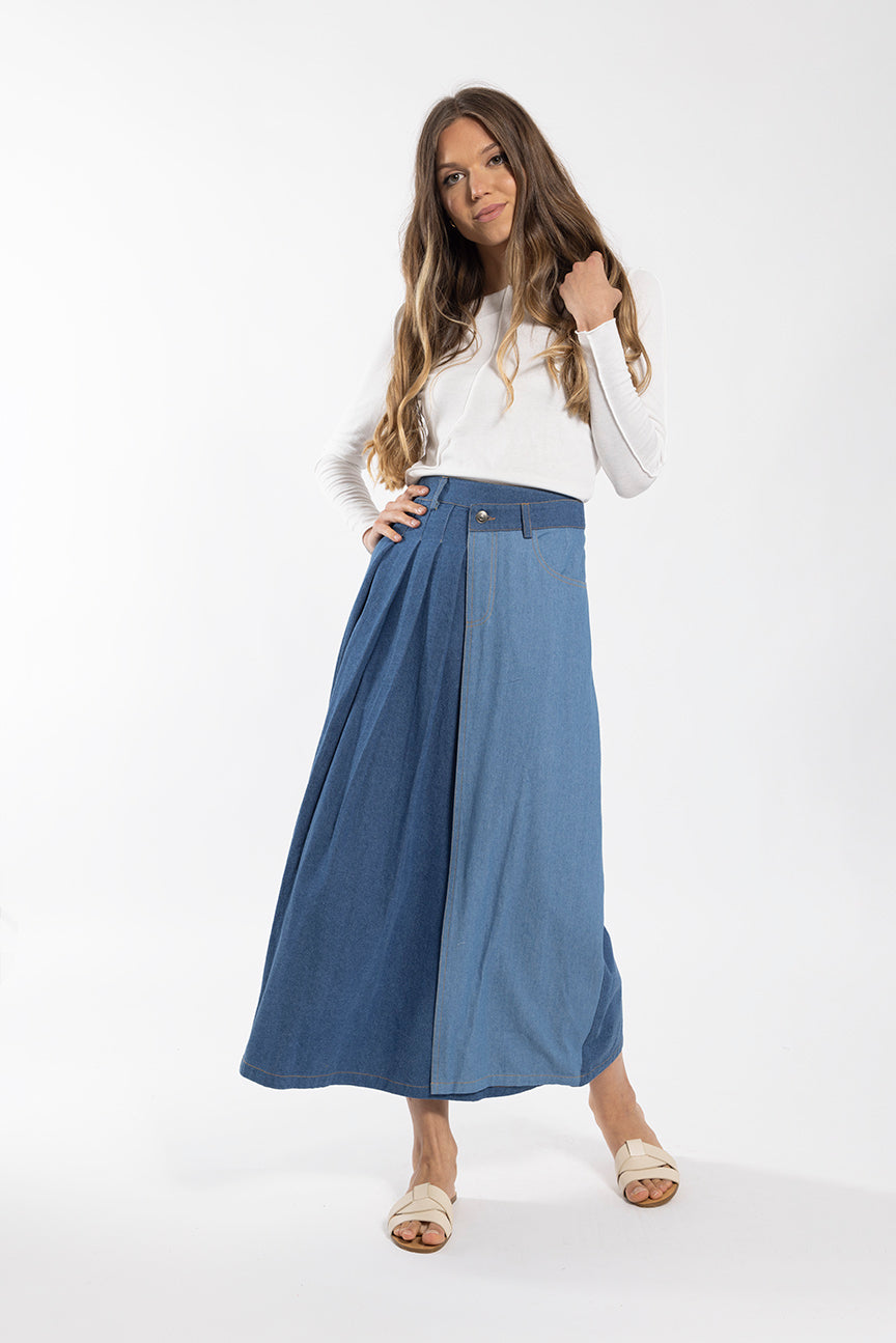 LATITUDE TWO TONE DENIM MIDI SKIRT
