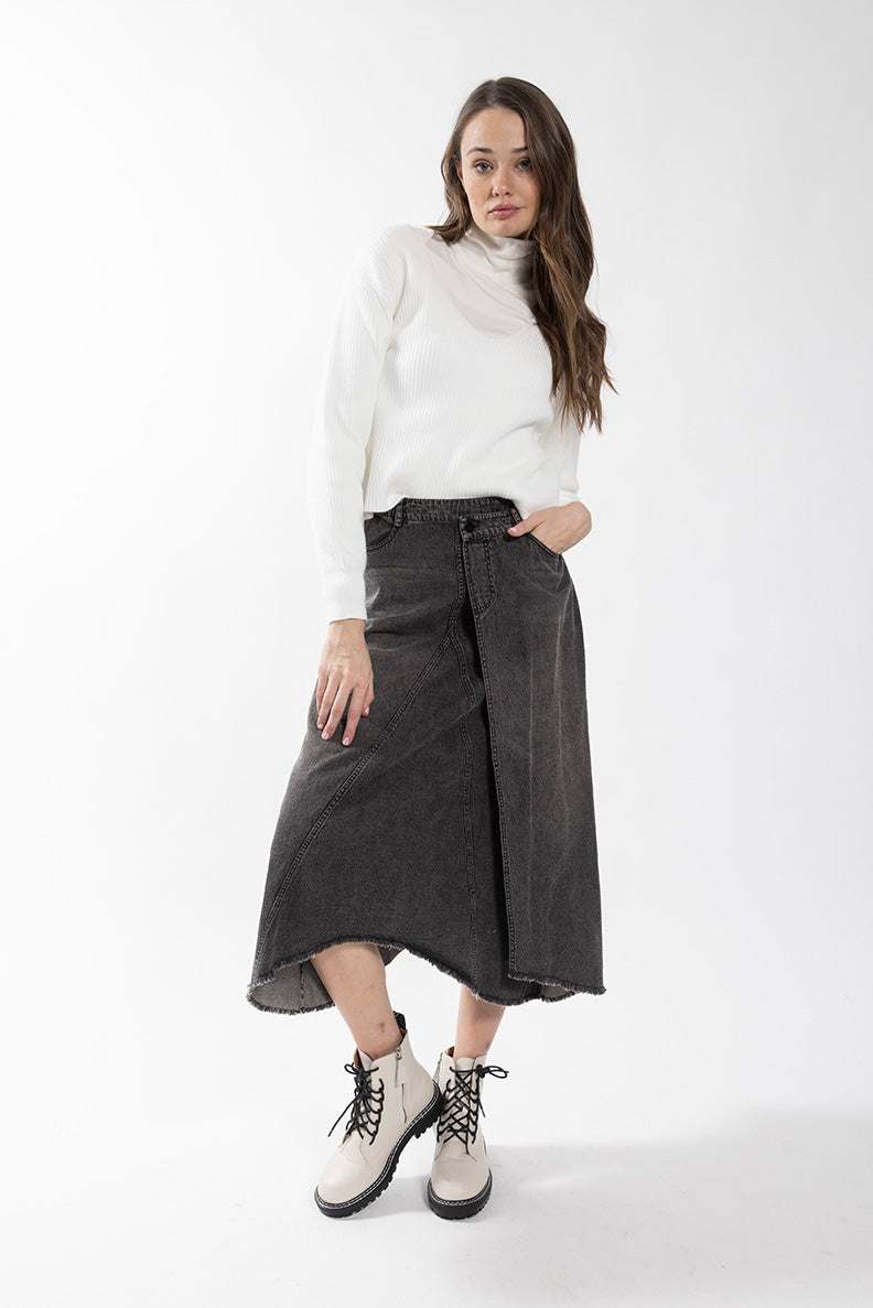 LATITUDE OVERLAY ASYMMETRICAL DENIM SKIRT