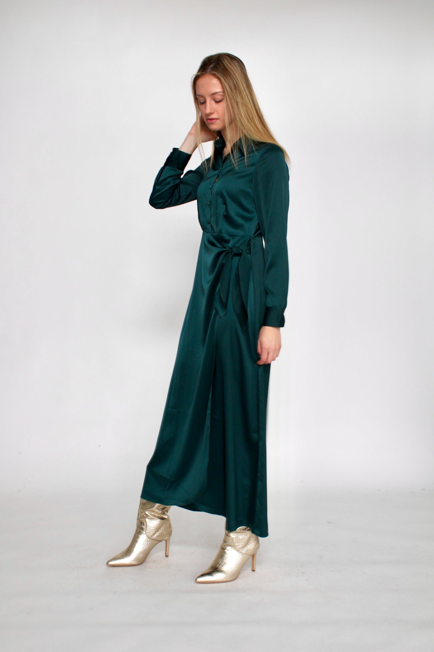 LATITUDE SILKY SIDE TIE MIDI DRESS