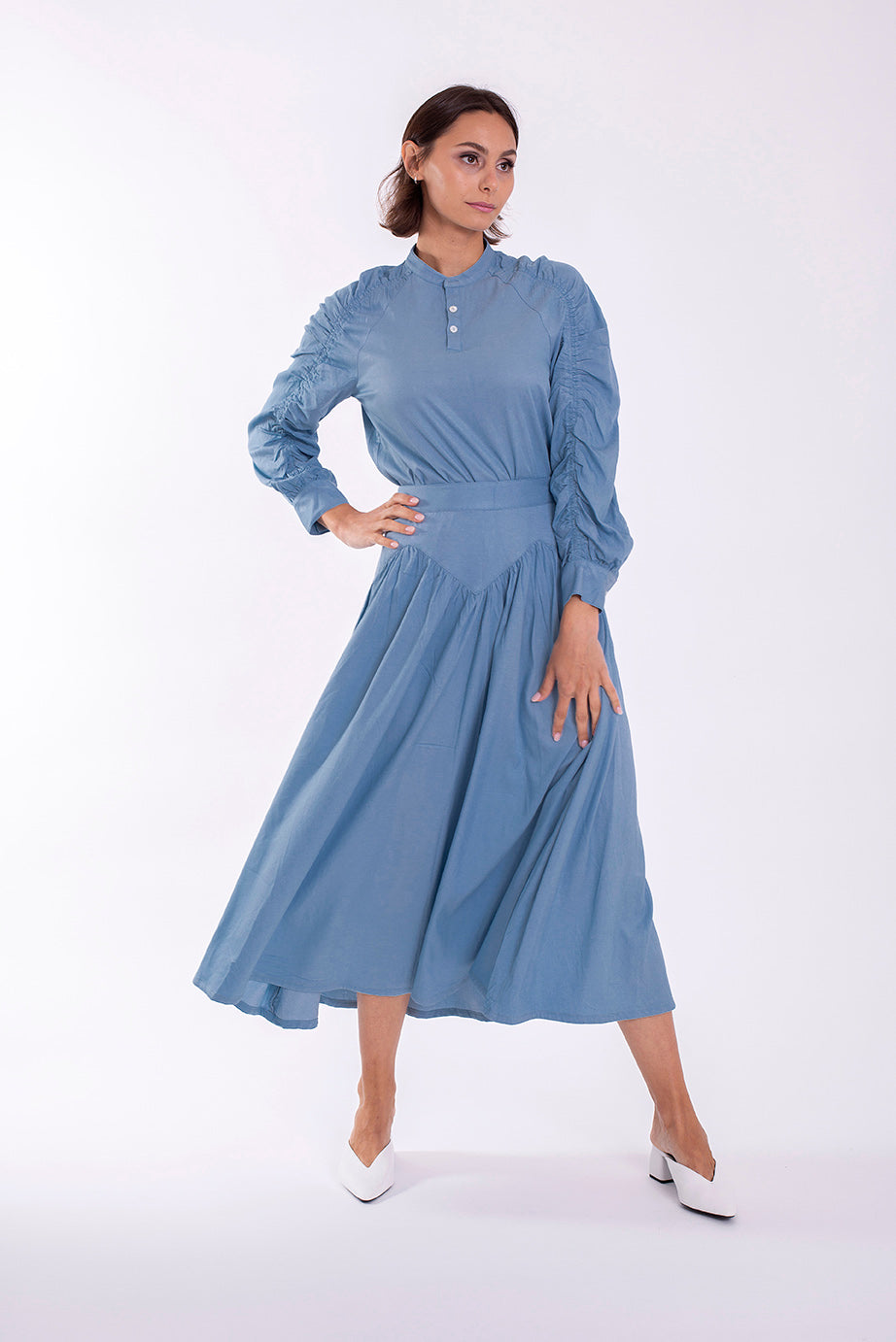 MONN RUCHED SLEEVE DENIM BLOUSE