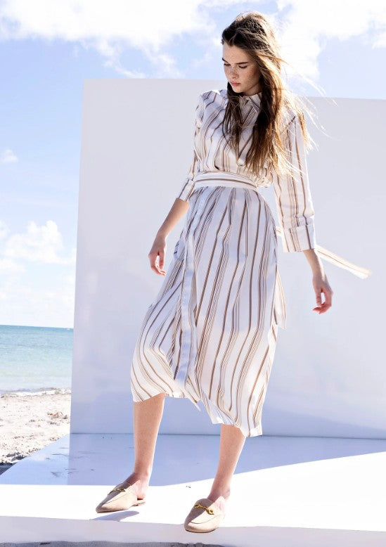 IN:05 STRIPED BELTED LINEN DRESS