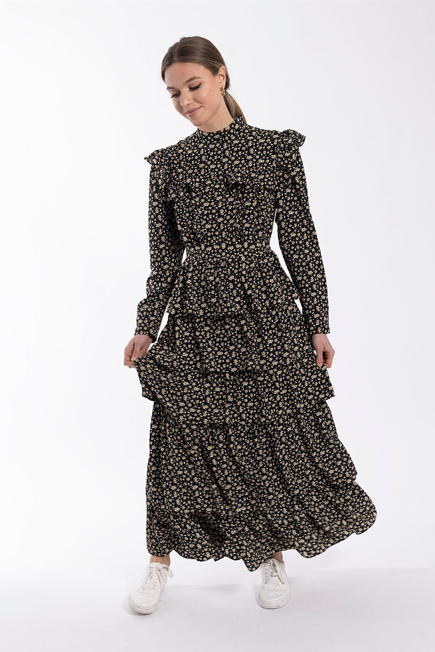 MAPLE & CLIFF FLORAL LAYERED MIDI DRESS