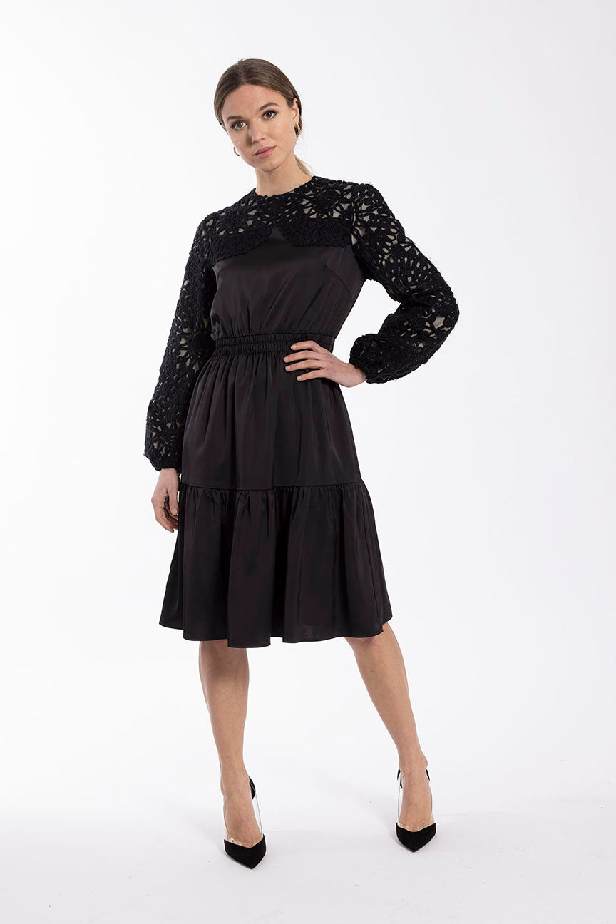 MAPLE & CLIFF CROCHET SLEEVE SILK DRESS