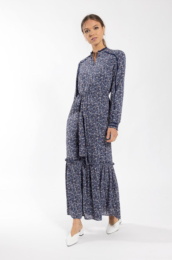 MAPLE & CLIFF FLORAL DROP RUFFLE MAXI DRESS