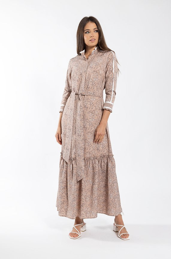 MAPLE & CLIFF FLORAL DROP RUFFLE MAXI DRESS