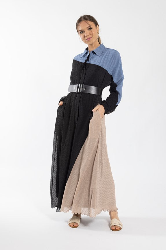 MAPLE & CLIFF COLORBLOCK TEXTURED SHIRT DRESS