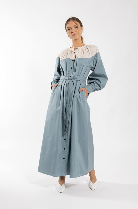 MAPLE & CLIFF COLORBLOCK RAINCOAT MIDI DRESS