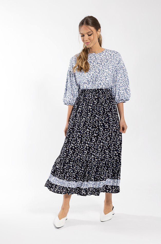 MAPLE & CLIFF FLORAL CONTRAST BORDER MIDI SKIRT
