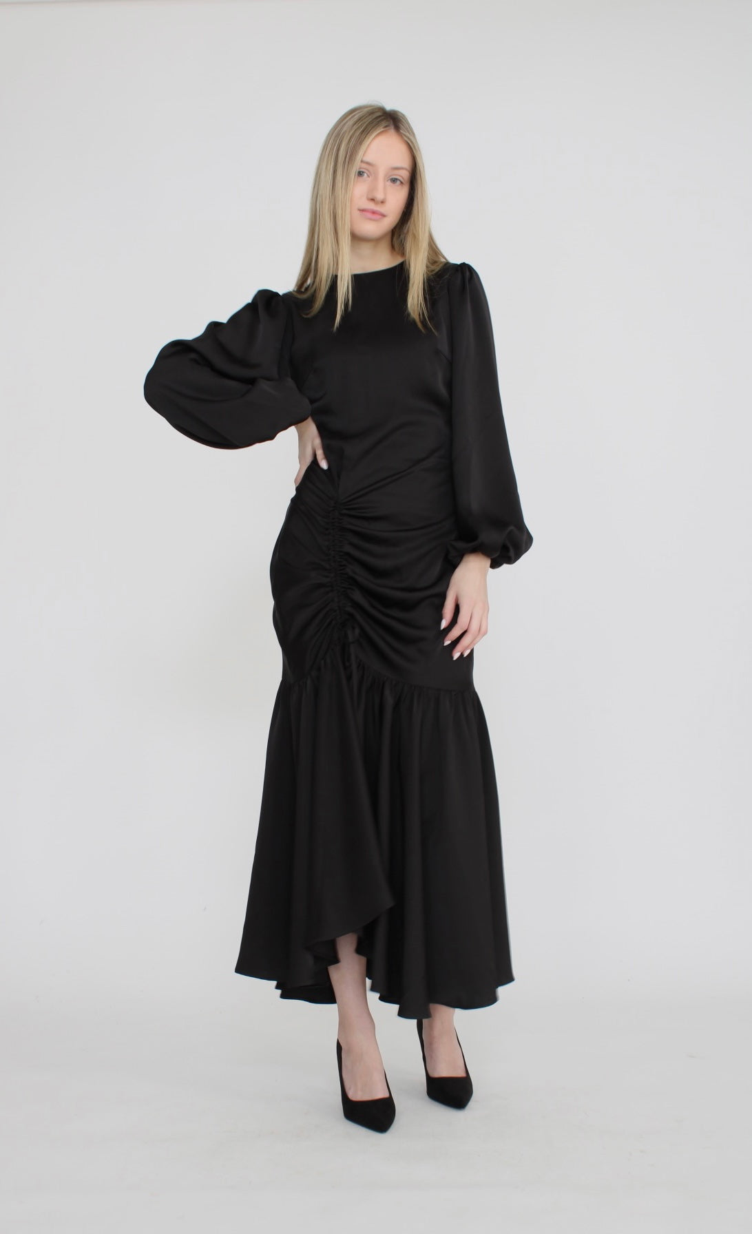 MAPLE & CLIFF SATIN RUCHED DRESS