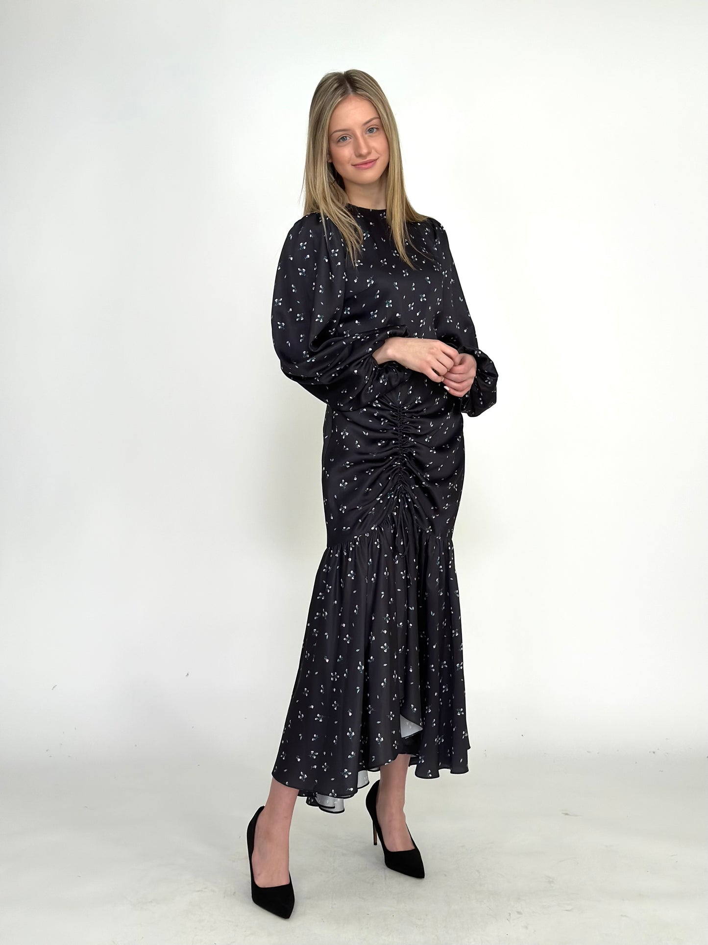 MAPLE & CLIFF SATIN RUCHED DRESS