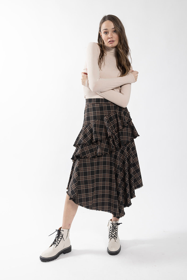 MAPLE & CLIFF PLAID FRAYED LAYERED SKIRT
