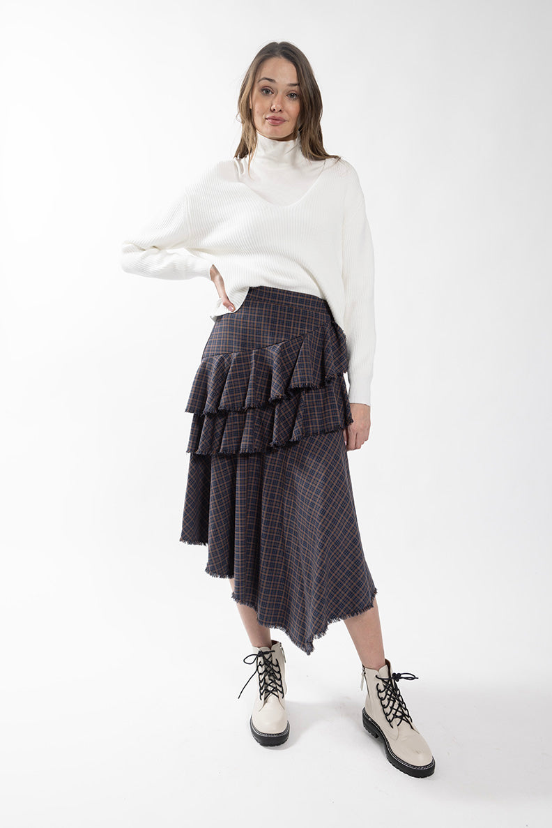 MAPLE & CLIFF PLAID FRAYED LAYERED SKIRT