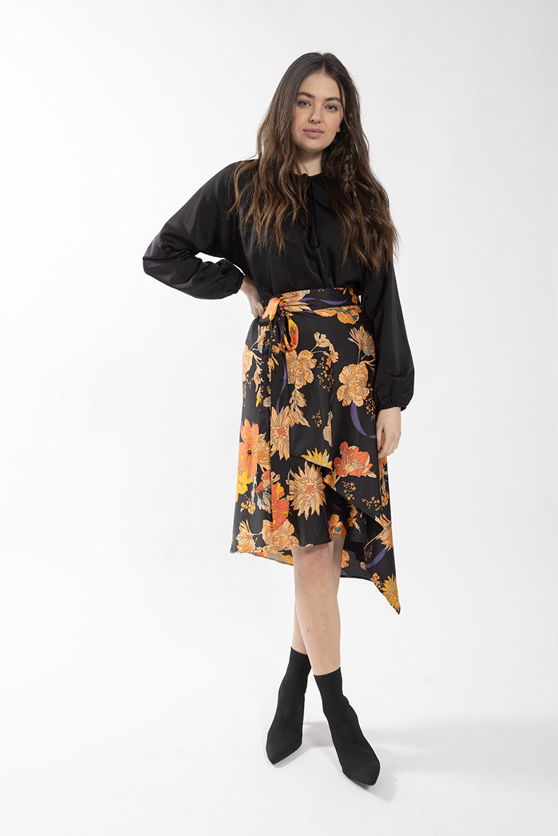 MAPLE & CLIFF BOLD FLORAL SATIN WRAP SKIRT