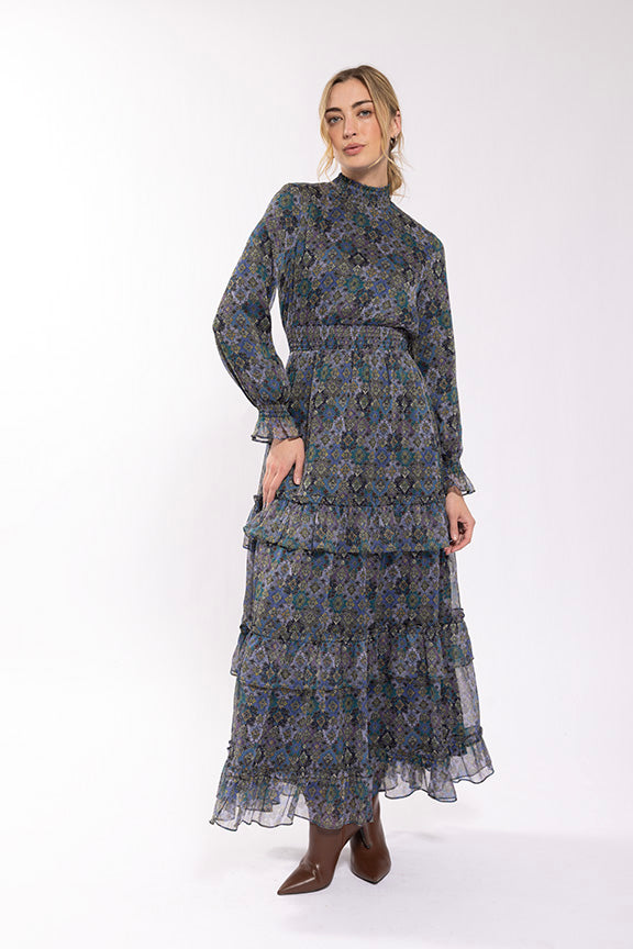 Maple & Cliff Ruffle Bottom Printed Chiffon Dress