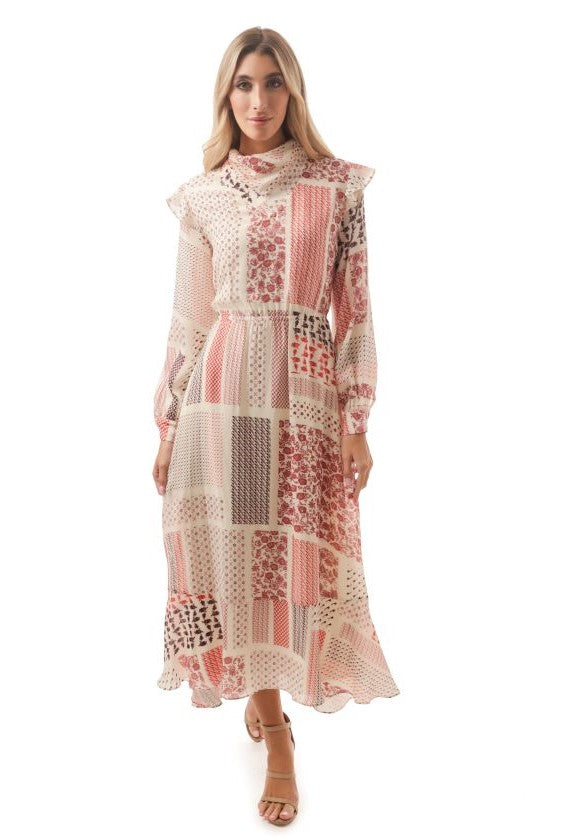 PARCELLE MULTIPRINTED BELTED DRESS W SHOULDER RUFFLE