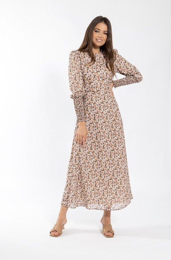 SOIE SMOCKED CUFF PRINTED MAXI DRESS