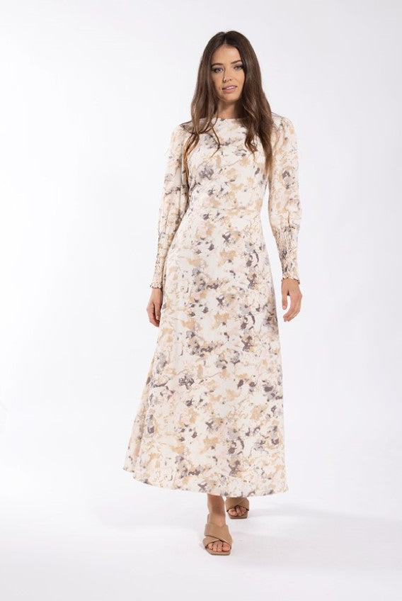 SOIE SMOCKED CUFF PRINTED MAXI DRESS