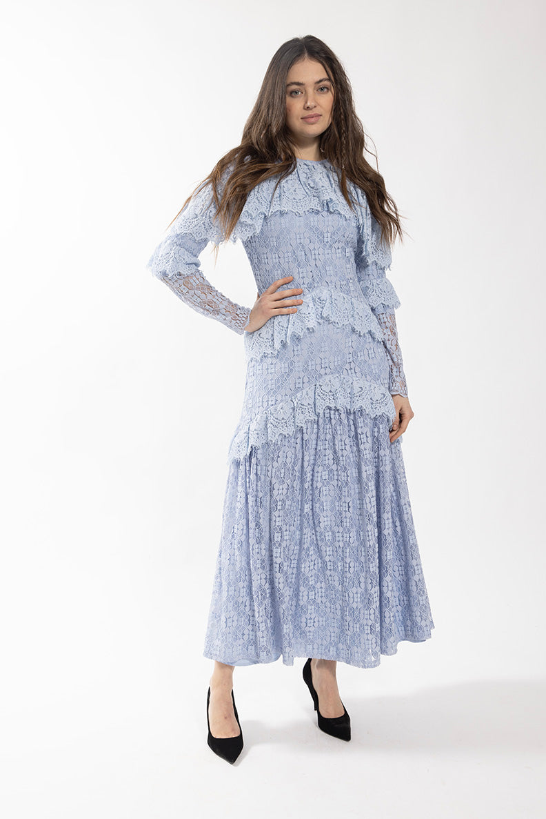 SOIE V RUFFLE LACE DRESS