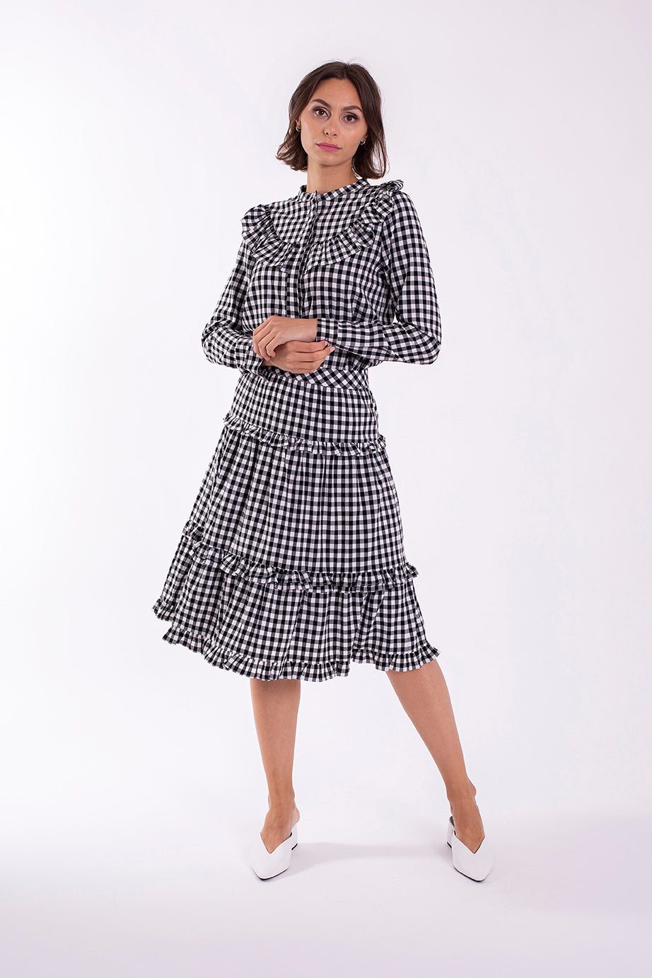 STATIC GINGHAM RUFFLE BIB BLOUSE