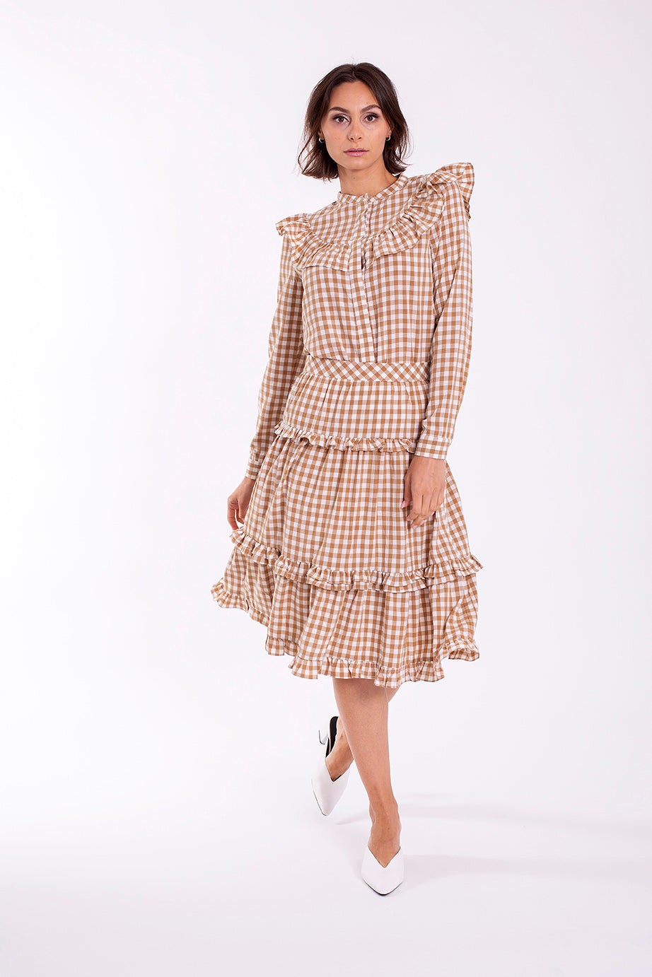 STATIC GINGHAM RUFFLE BIB BLOUSE