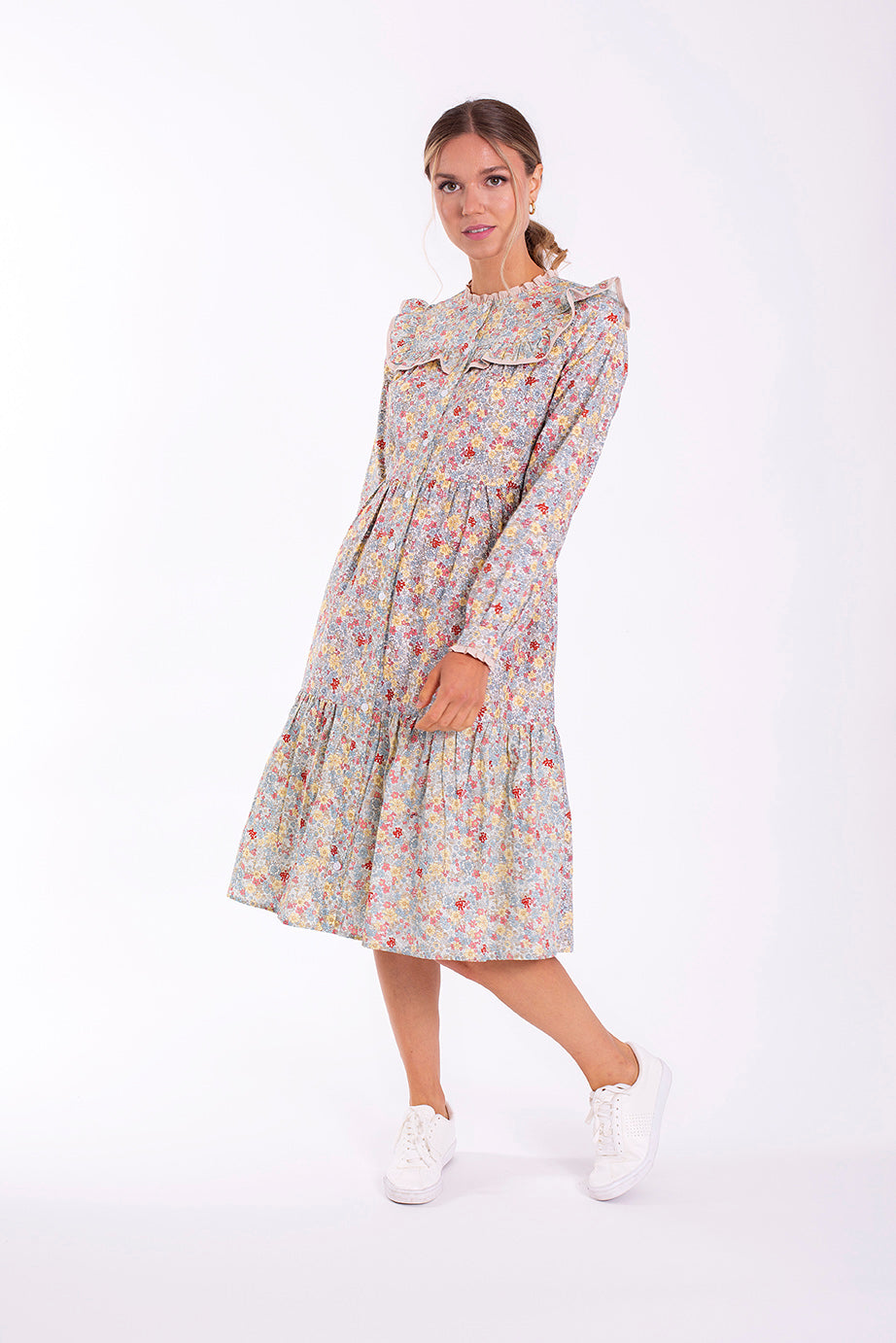 STATIC RUFFLE BIB FLORAL DRESS