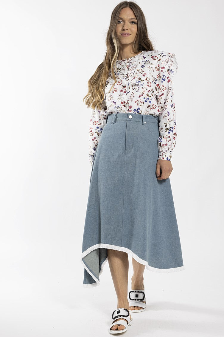 STATIC FRINGED ASYMMETRIC DENIM MIDI SKIRT