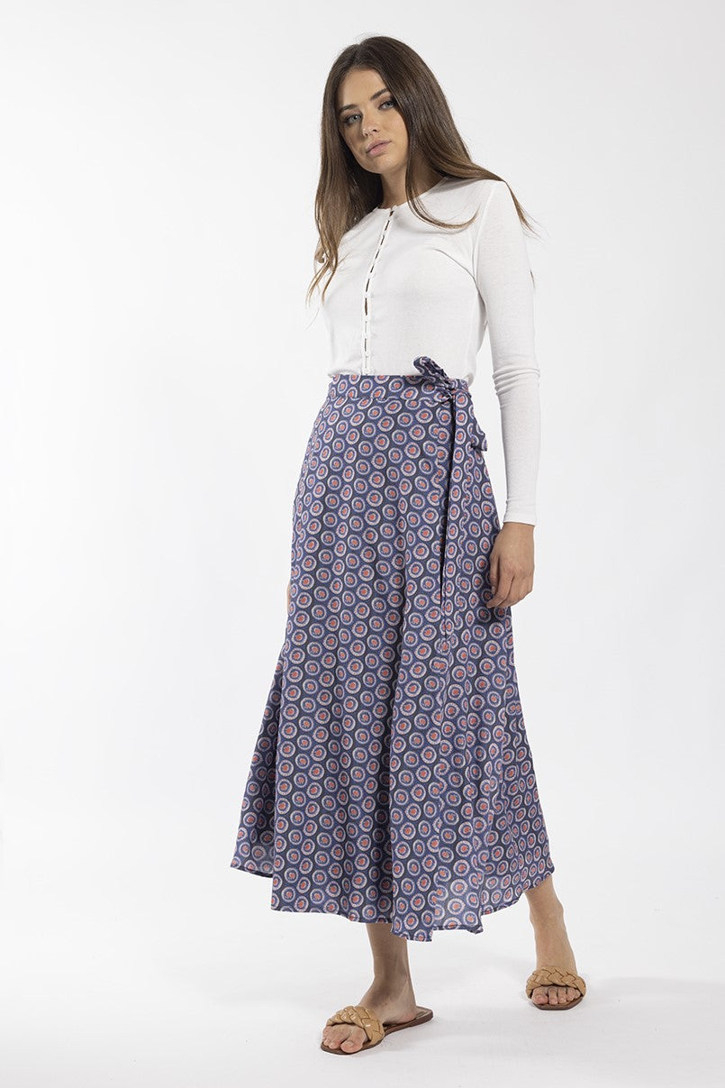 STATIC CIRCLE PRINT WRAP MIDI SKIRT