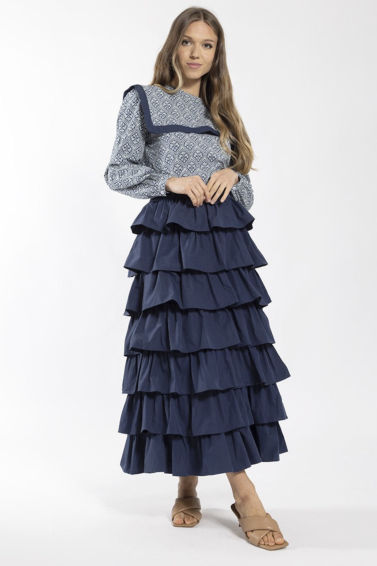 STATIC RUFFLE LAYERED MIDI SKIRT