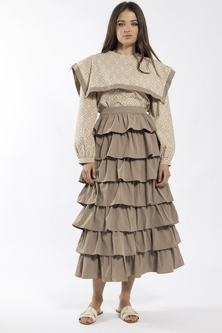STATIC RUFFLE LAYERED MIDI SKIRT