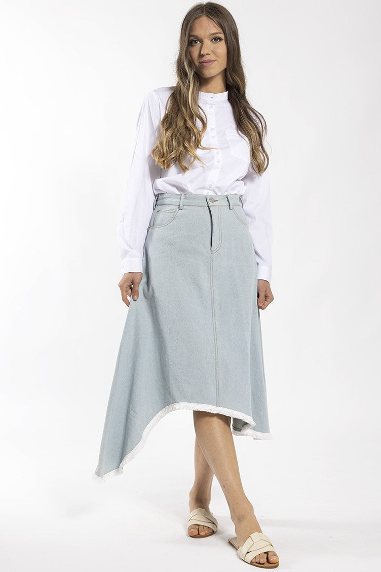 STATIC FRINGED ASYMMETRIC DENIM MIDI SKIRT
