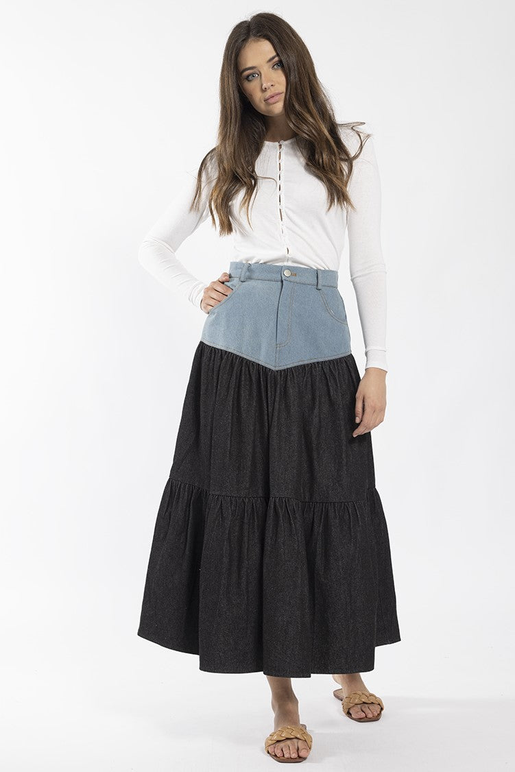 STATIC DENIM COMBO MIDI SKIRT