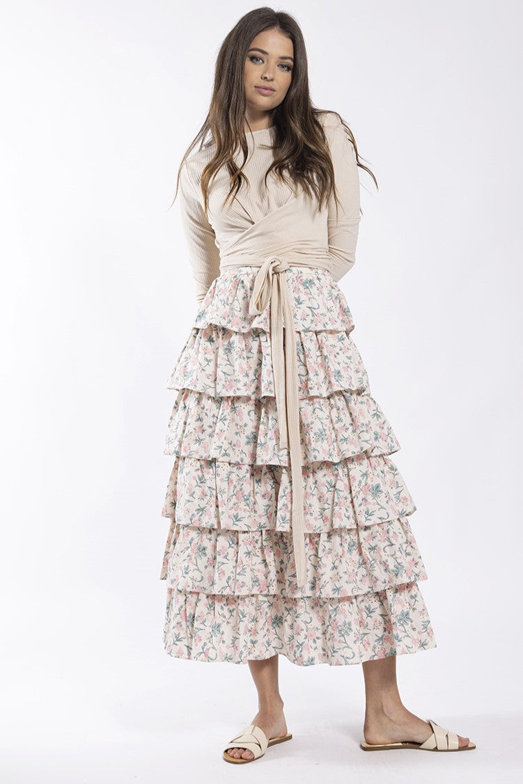 STATIC EYELET FLORAL LAYERED MIDI SKIRT