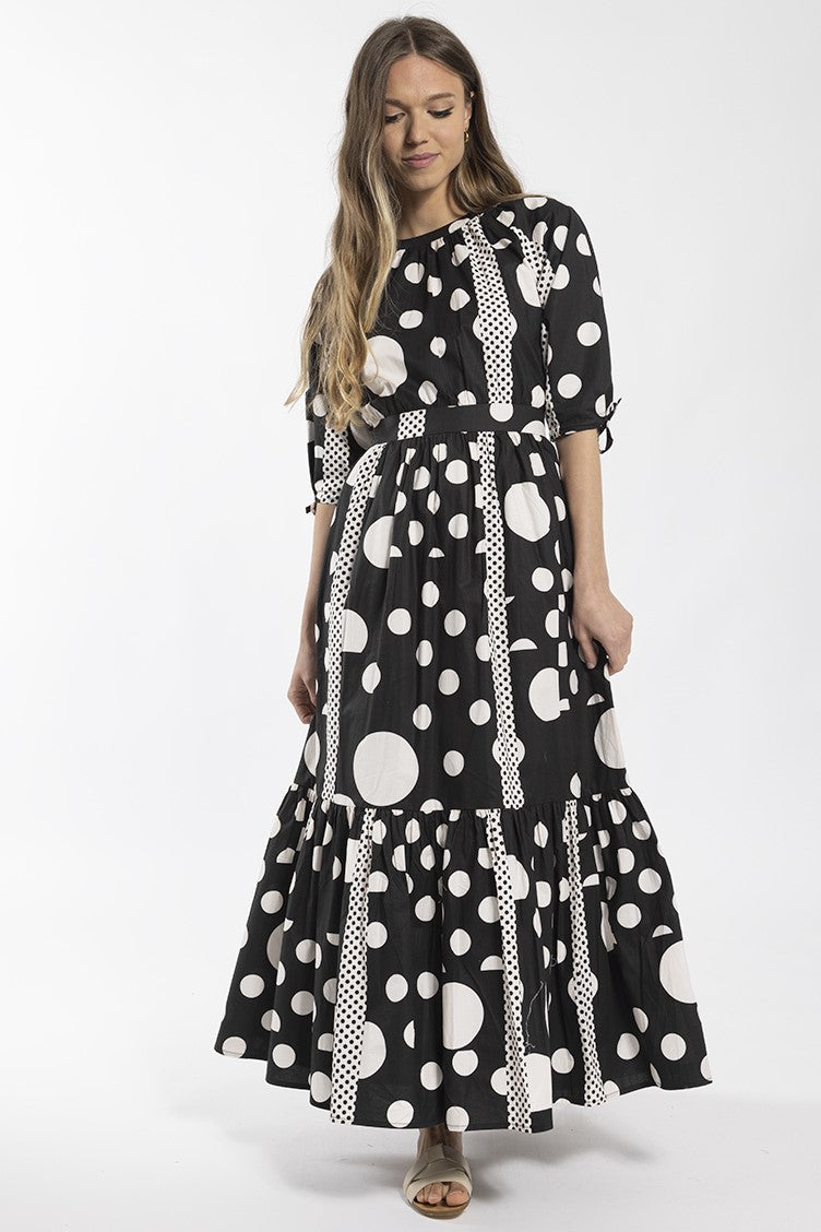 STATIC POLKA DOT TIERED MIDI DRESS