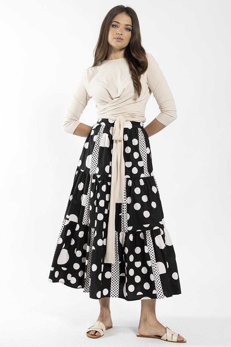 STATIC POLKA DOT TIERED MIDI SKIRT