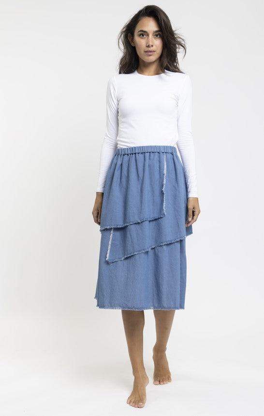 DONNA BELLA RAW EDGE DENIM TIERED SKIRT